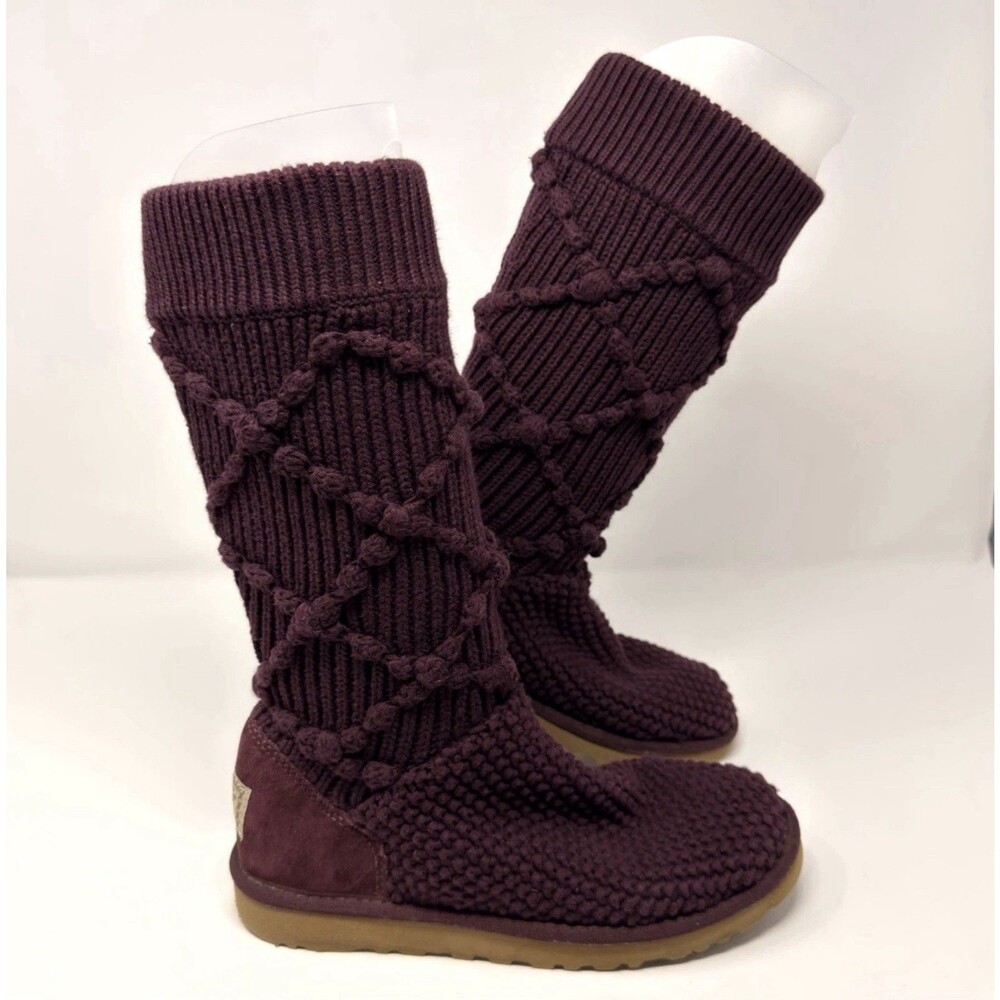 UGG Australia Knit Tall Sweater Boots 5879 Plum Sheepskin Lined Women’s 6